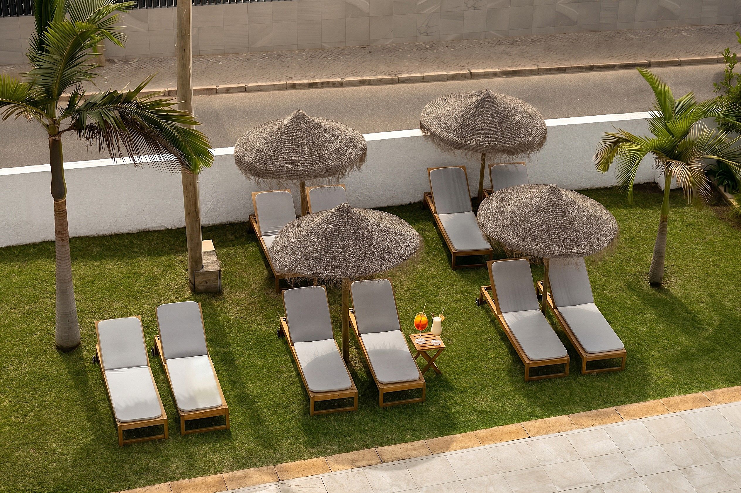 Fila de sillones de playa con sombrillas de paja, dispuesta en una zona ajardinada con palmeras.