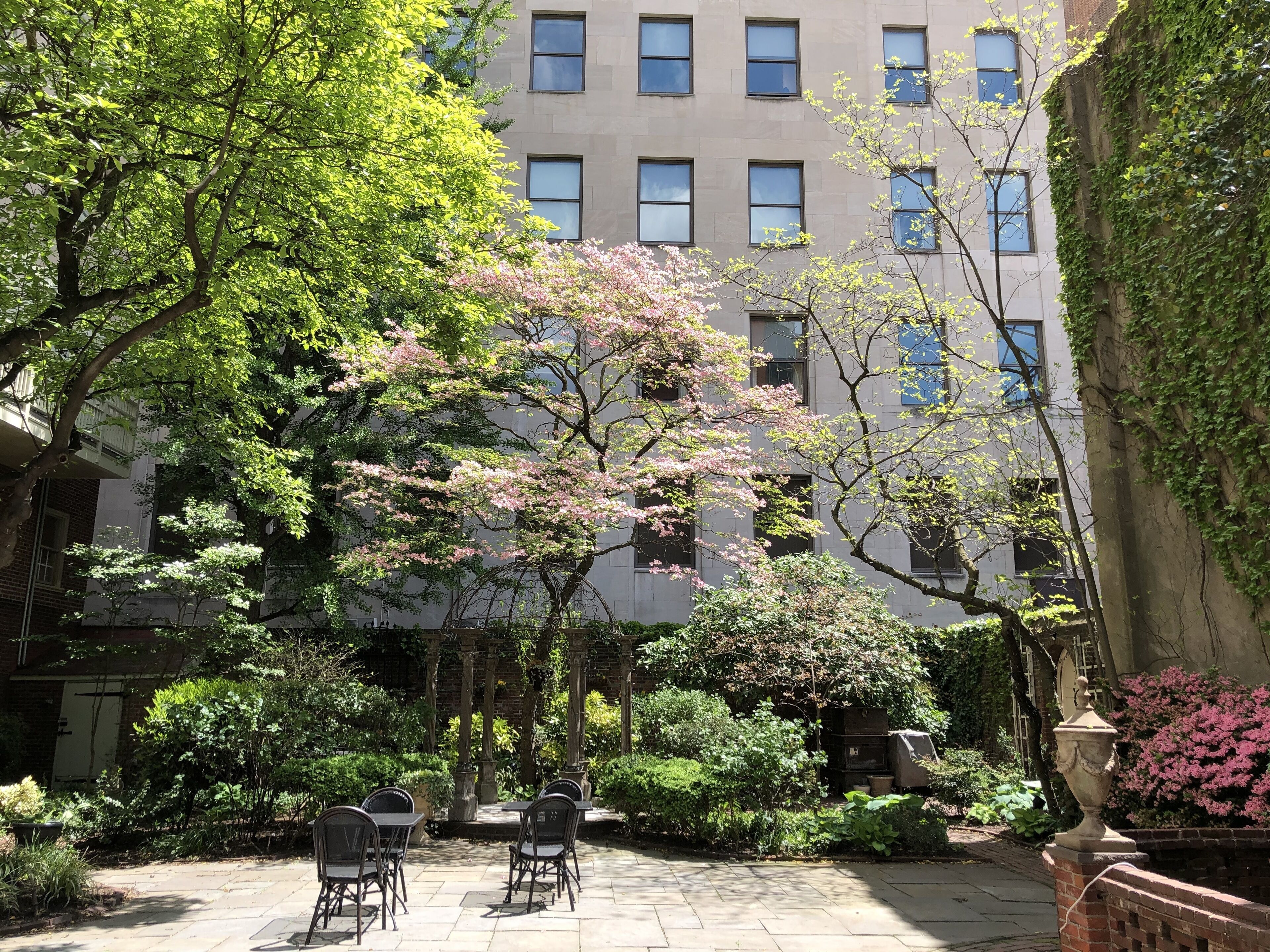 A courtyard with outdoor seating, surrounded by lush greenery and flowering trees.