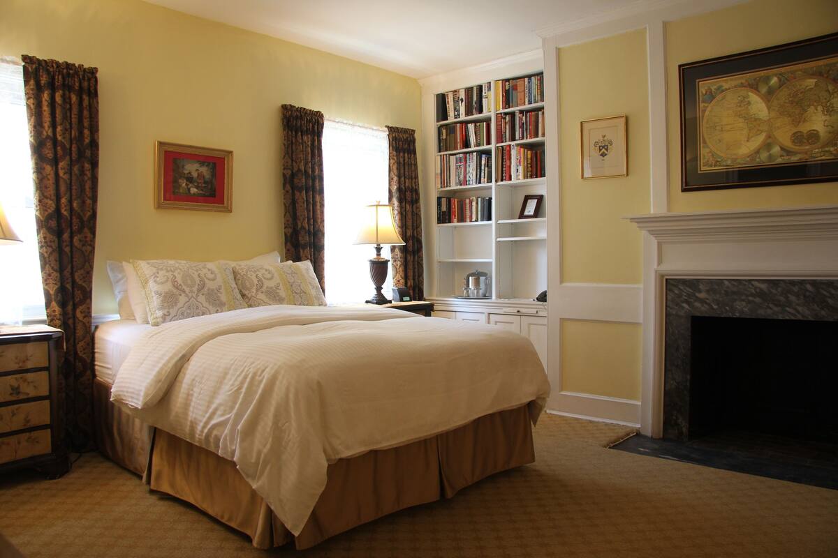 A bedroom with a large bed, a bookshelf, a fireplace, and a framed map on the wall.