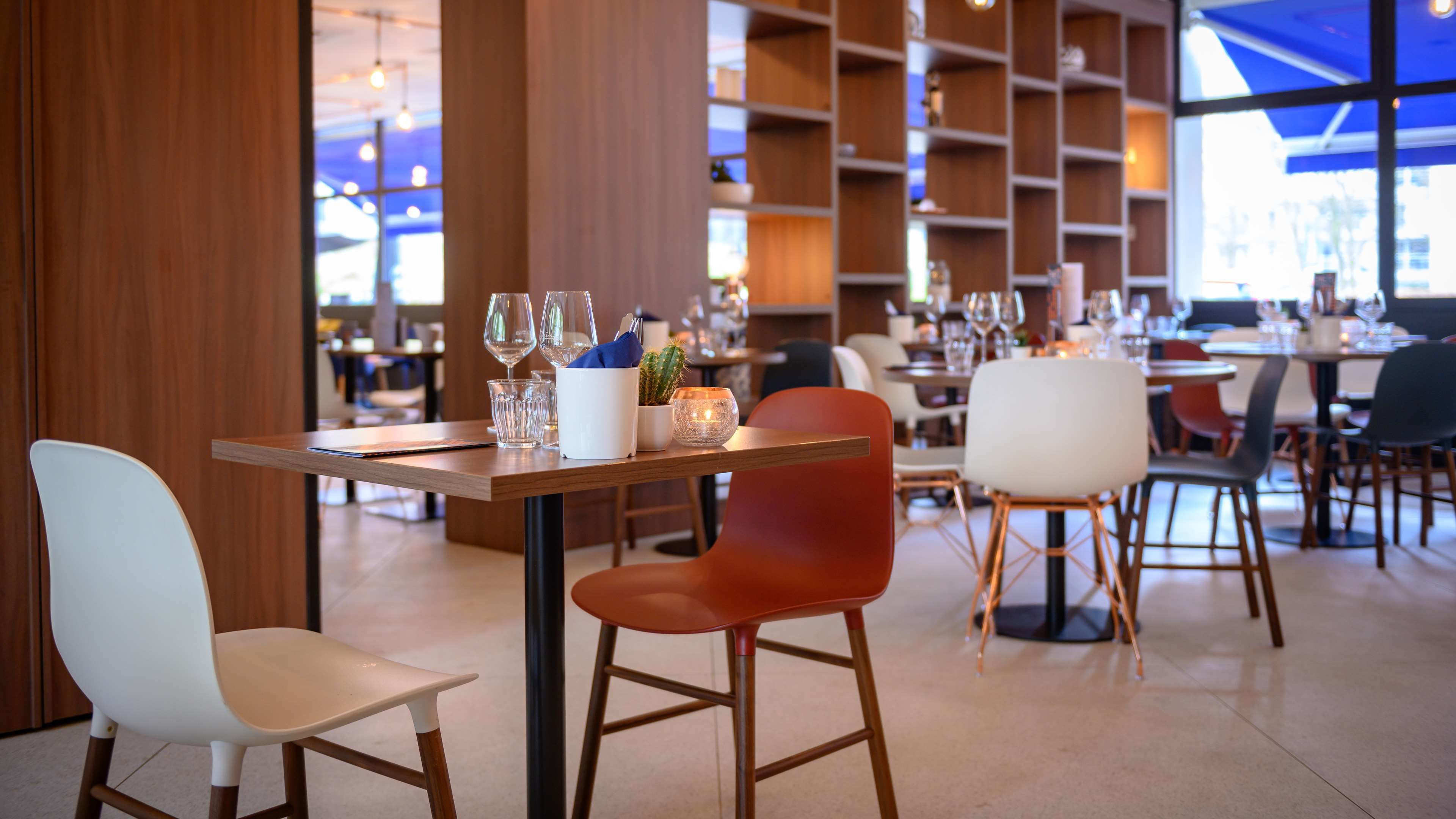 Ein modernes Restaurant mit Holztischen, roten und weißen Stühlen und einer Sukkulenten-Dekoration.