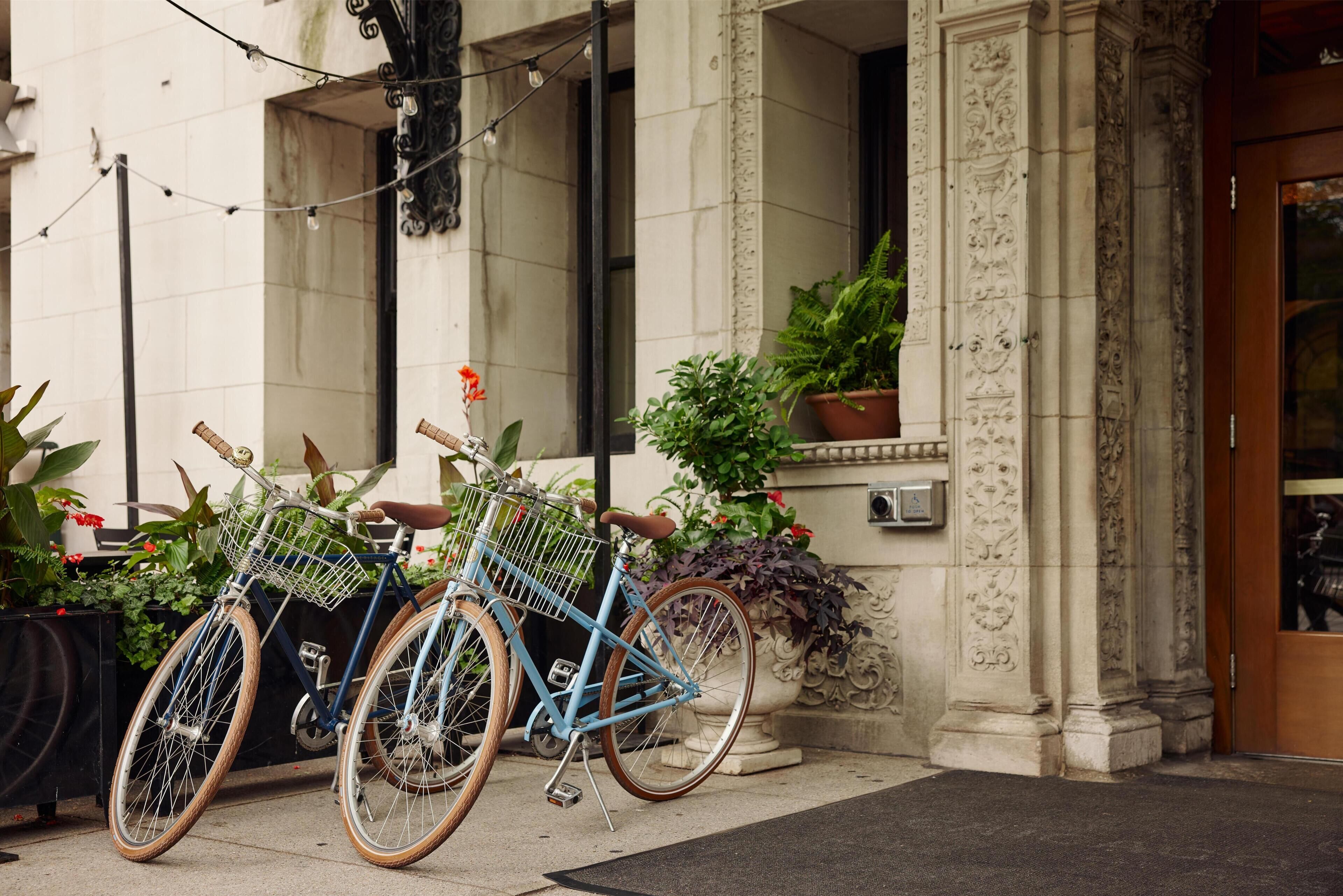 A blue bicycle with wooden wheels parked outside a building with ornate columns and potted plants.