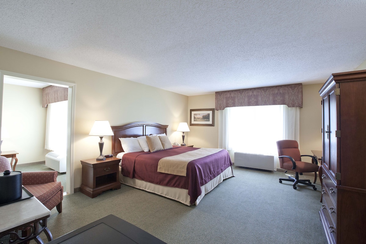 A hotel room with a large bed, a desk, a chair, a dresser, and a window with curtains.