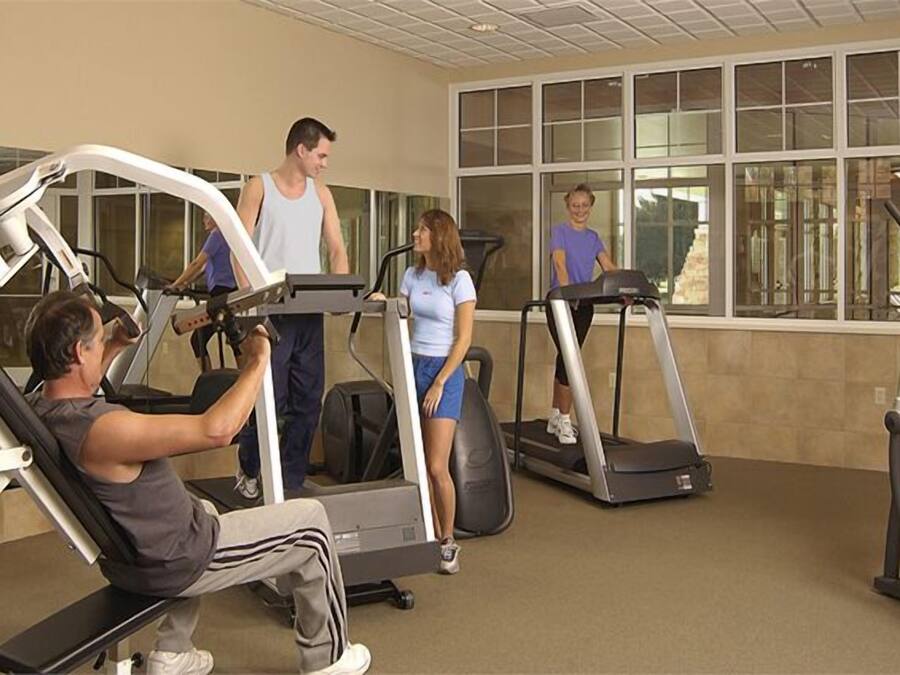 A gym with treadmills, weight machines, and a bench press area.
