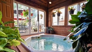 A hot tub in a wooden cabin with potted plants and a patio area visible through glass doors. - Frisco Inn on Galena Street (Frisco)