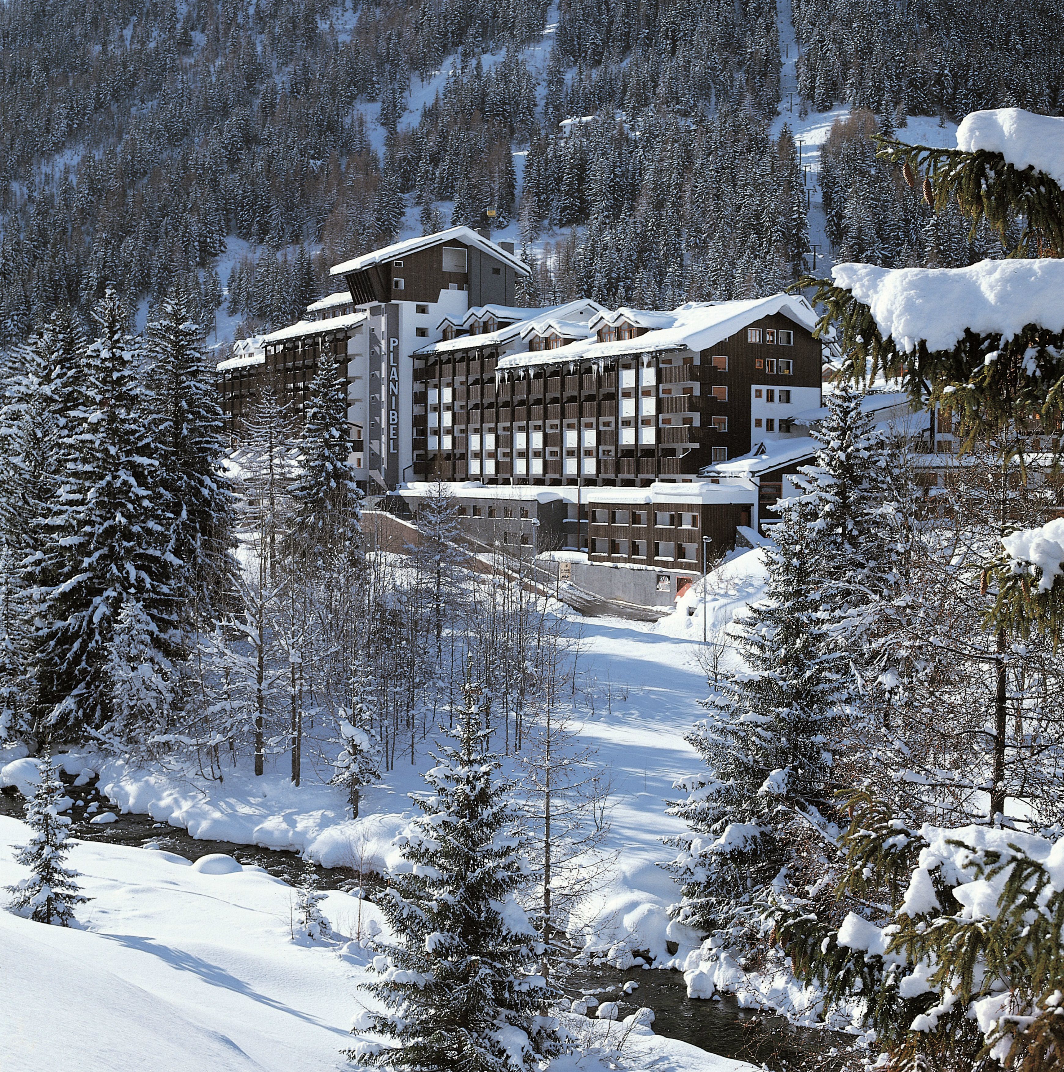 Un hotel de varios pisos con tejado cubierto de nieve, rodeado de árboles cargados de nieve y con una montaña al fondo.