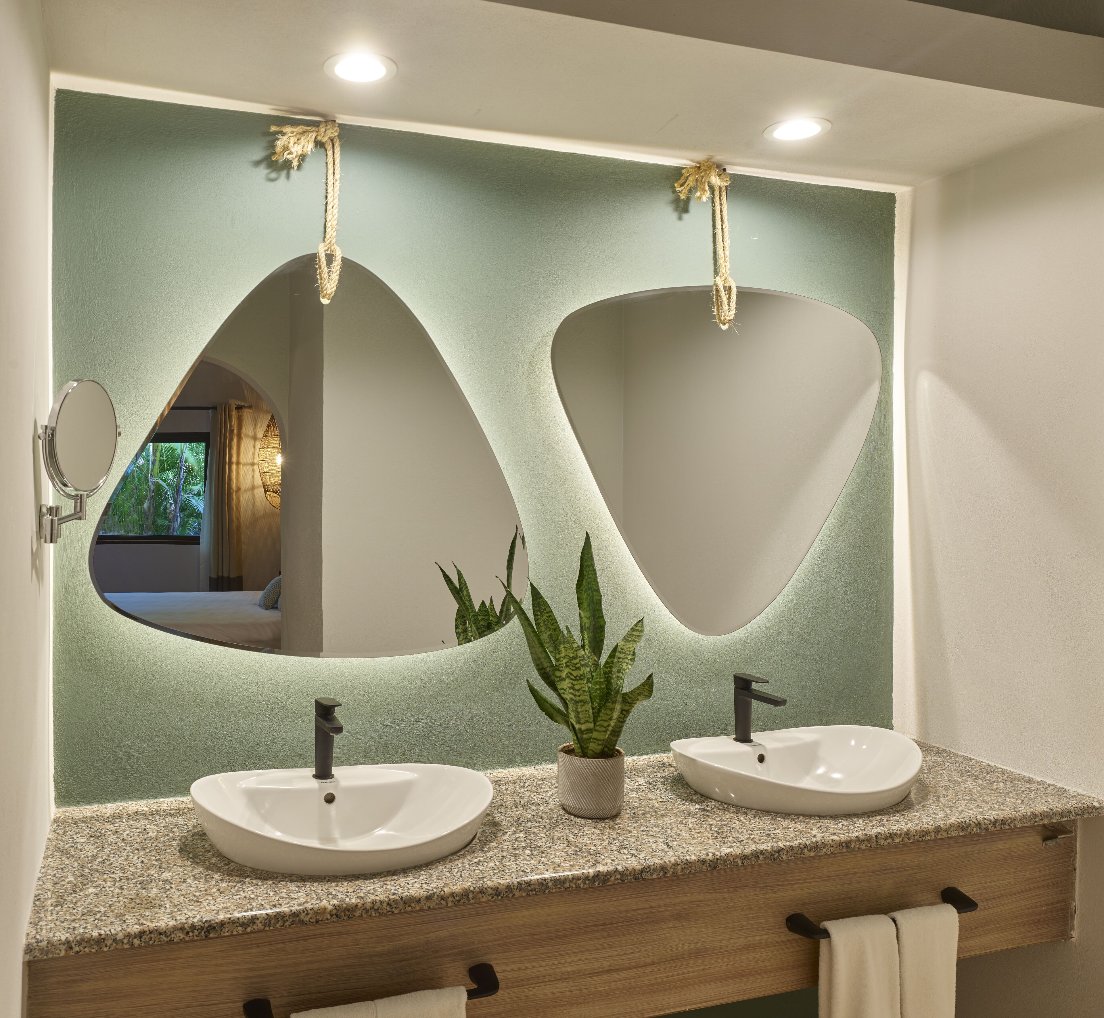 A bathroom with two sinks, a mirror, and a plant.