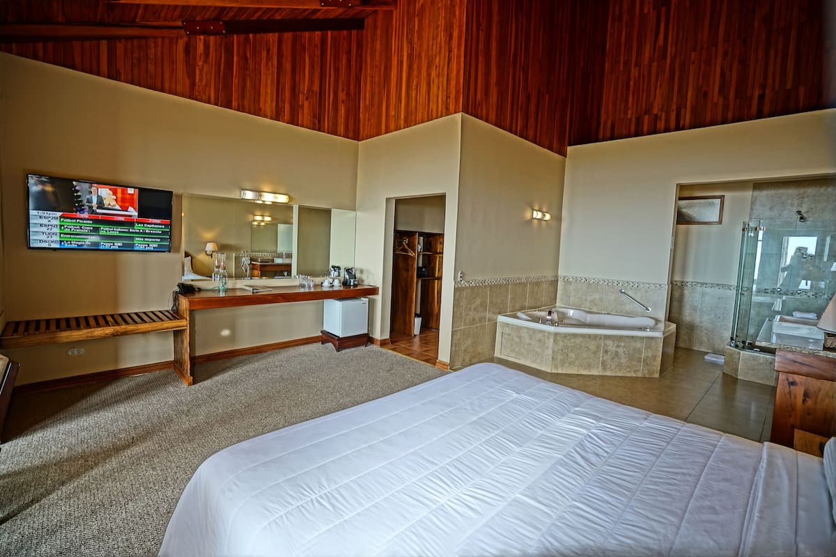 Une chambre d’hôtel avec un grand lit, un bureau avec une chaise, une coiffeuse avec un miroir, une baignoire et une douche.