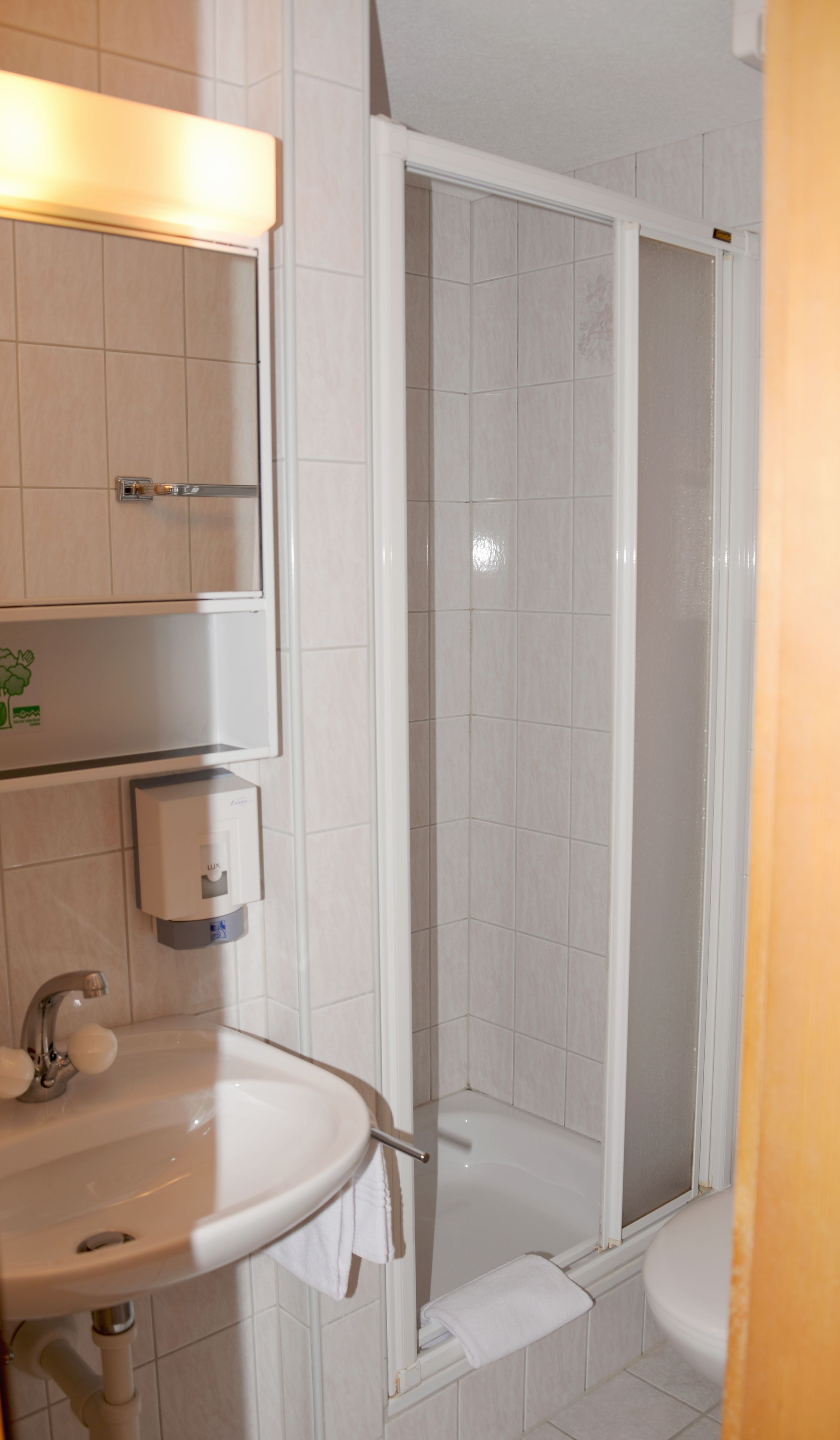 Een badkamer met douche, wastafel en toilet.