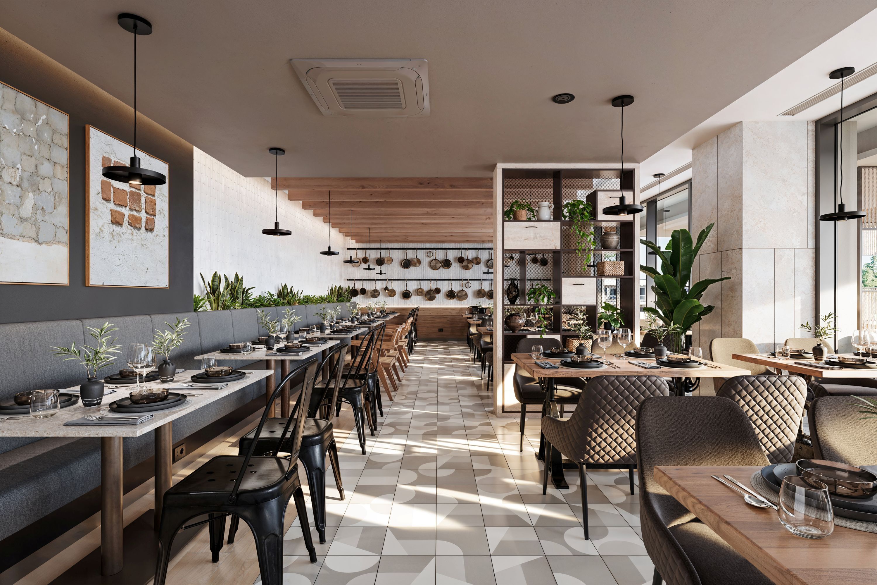 A modern restaurant with long communal tables, black chairs, and a variety of plants.