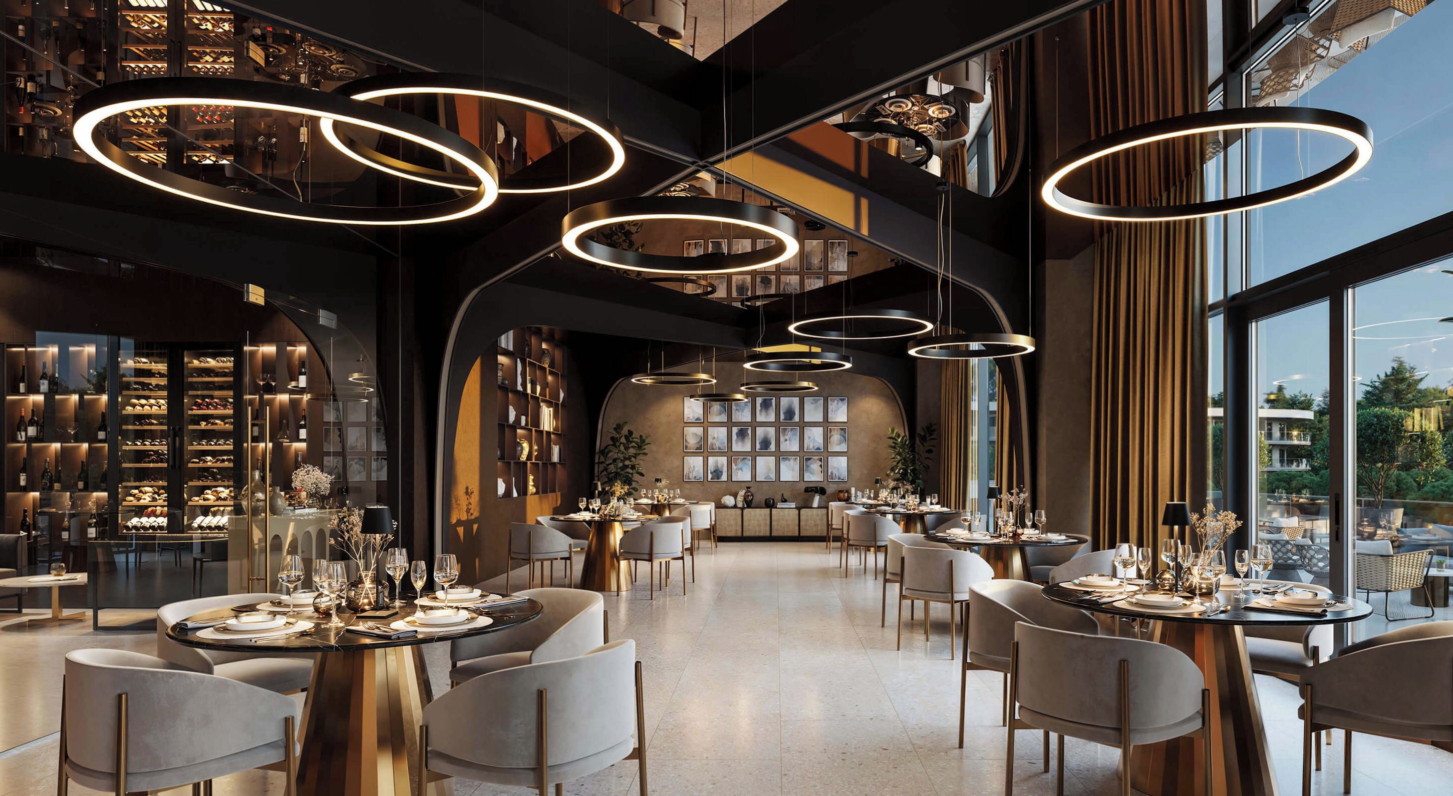 A modern restaurant interior with multiple dining tables, elegant lighting fixtures, and a view of the city through large windows.