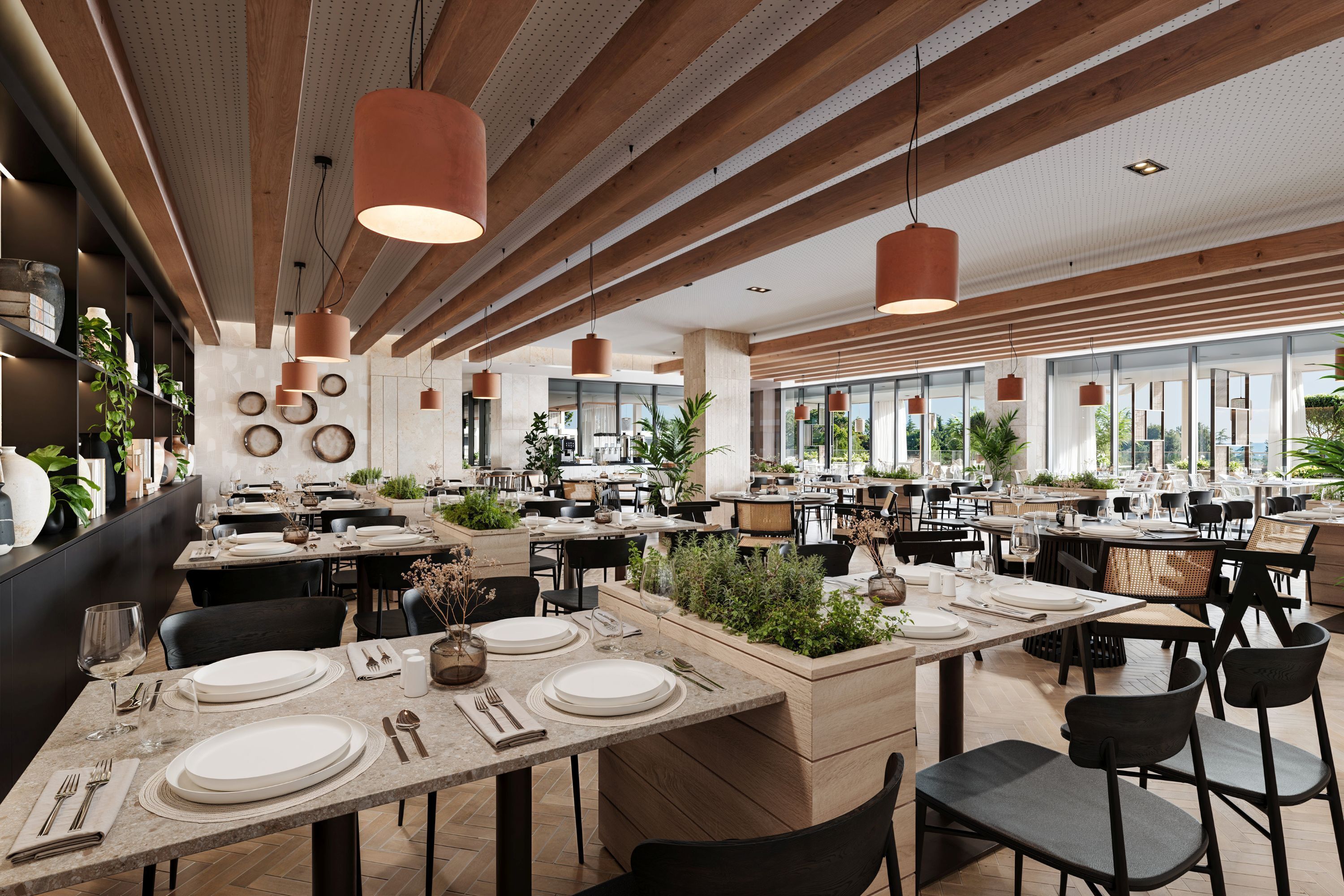 A spacious restaurant with multiple dining areas, wooden beams, pendant lighting, and large windows offering views of the outdoors.