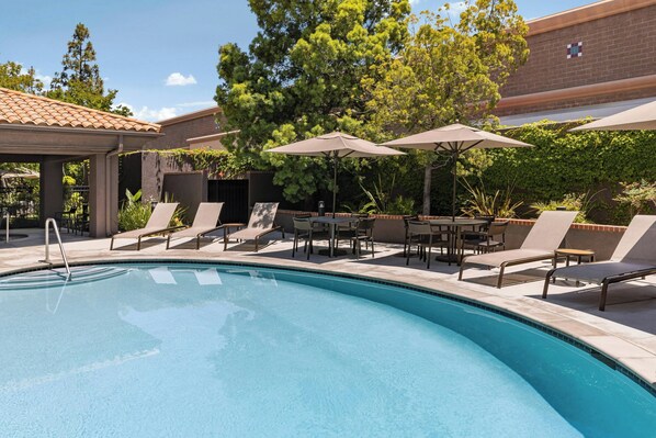 Alberca al aire libre, sombrillas en la alberca y camastros 