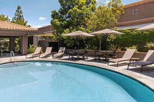 Una piscina al aire libre, sombrillas, sillones reclinables de piscina