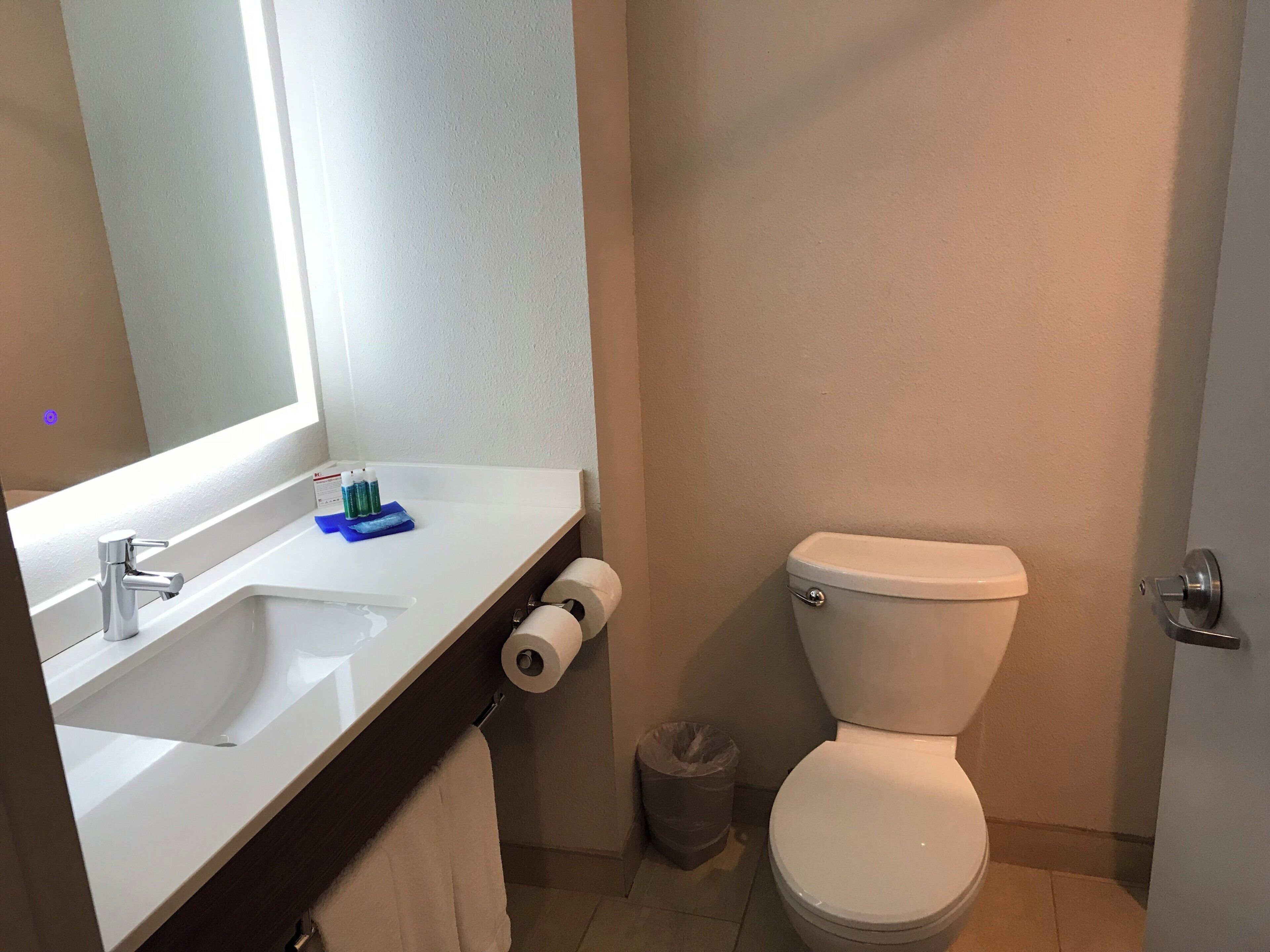 A bathroom with a white sink, a mirror, a toilet, and a trash can.