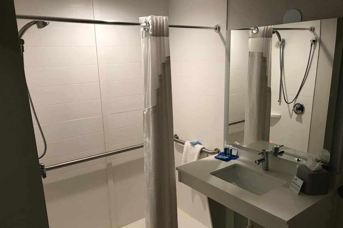 Standardrum - 1 kingsize-säng - tillgänglighetsanpassat (Roll-In Shower) | Värdeförvaringsskåp på rummet, skrivbord och mörkläggningsgardiner