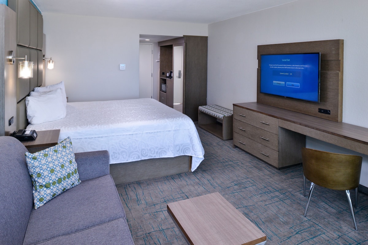 Ett hotellrum med en säng, en TV, ett skrivbord, en stol och en soffa.