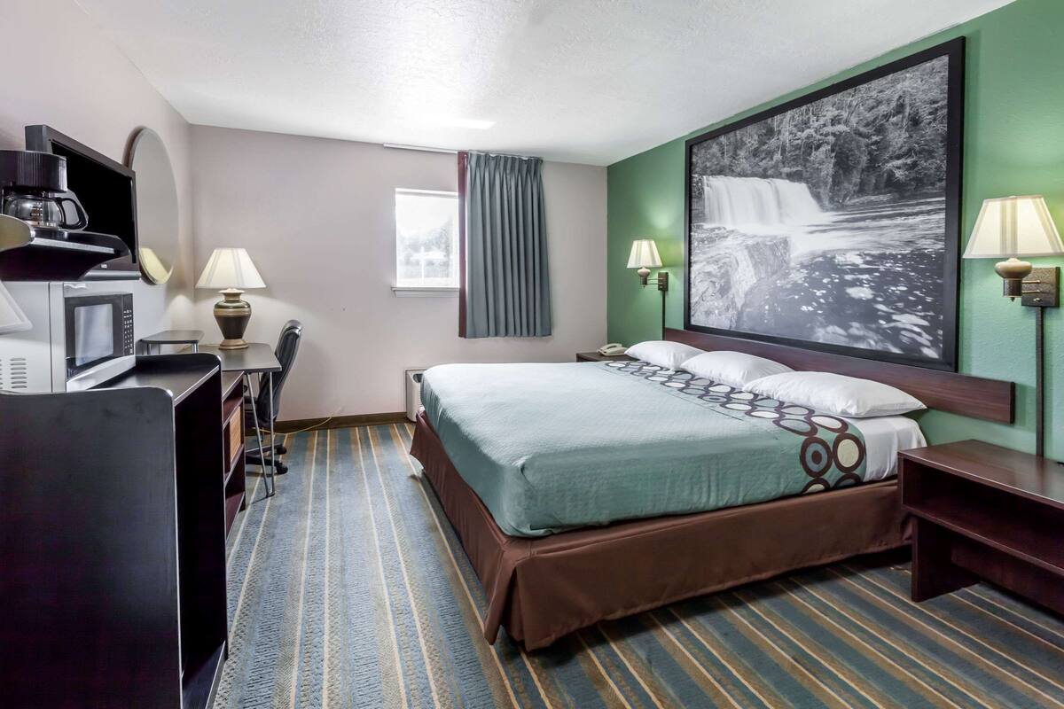 Une chambre d’hôtel équipée d’un lit, d’un bureau, d’un four à micro-ondes et d’un grand tableau encadré au mur.
