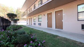 A modern building with a long corridor, numbered doors, and a small garden area with purple flowers.