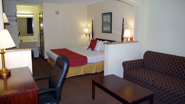 Une chambre d’hôtel avec un lit, une chaise, un canapé, un bureau et une lampe.