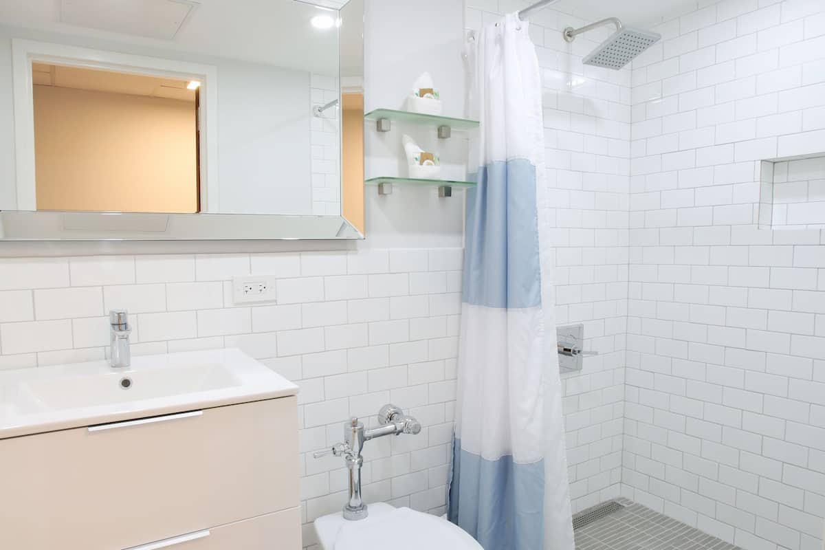 shower, rainfall showerhead, free toiletries, hair dryer