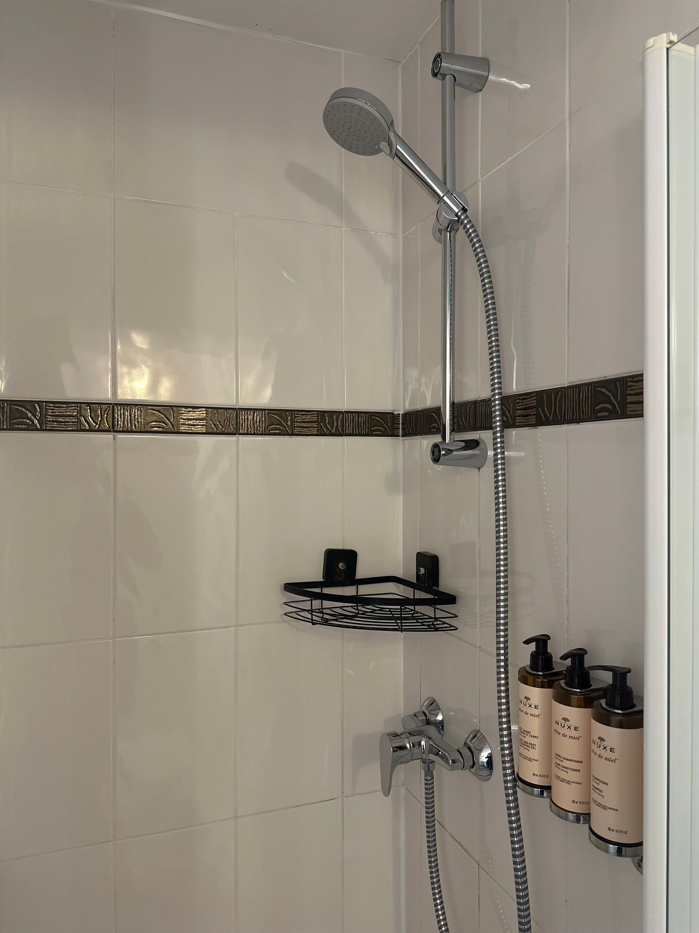 Une salle de bain moderne équipée d’une douche, d’un porte-serviettes et d’un distributeur de savon.