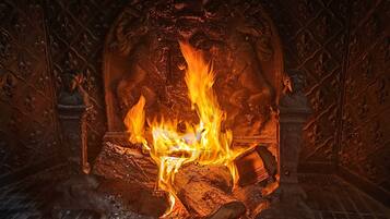 A fireplace with a roaring fire, ornate metalwork, and a statue.