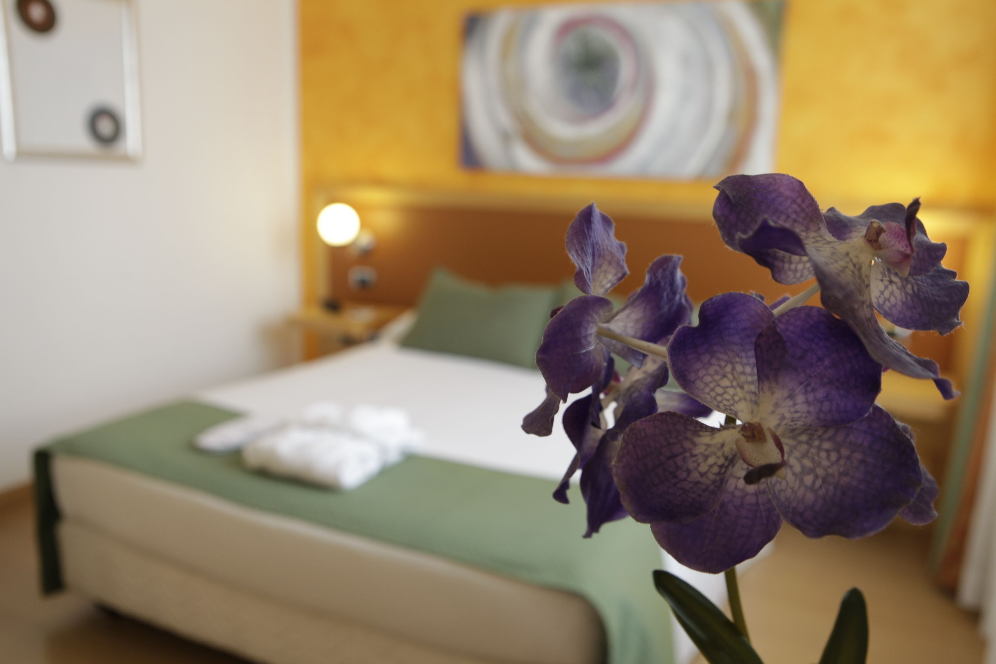 A hotel room with a neatly made bed, a green bedspread, and a purple orchid in the foreground.