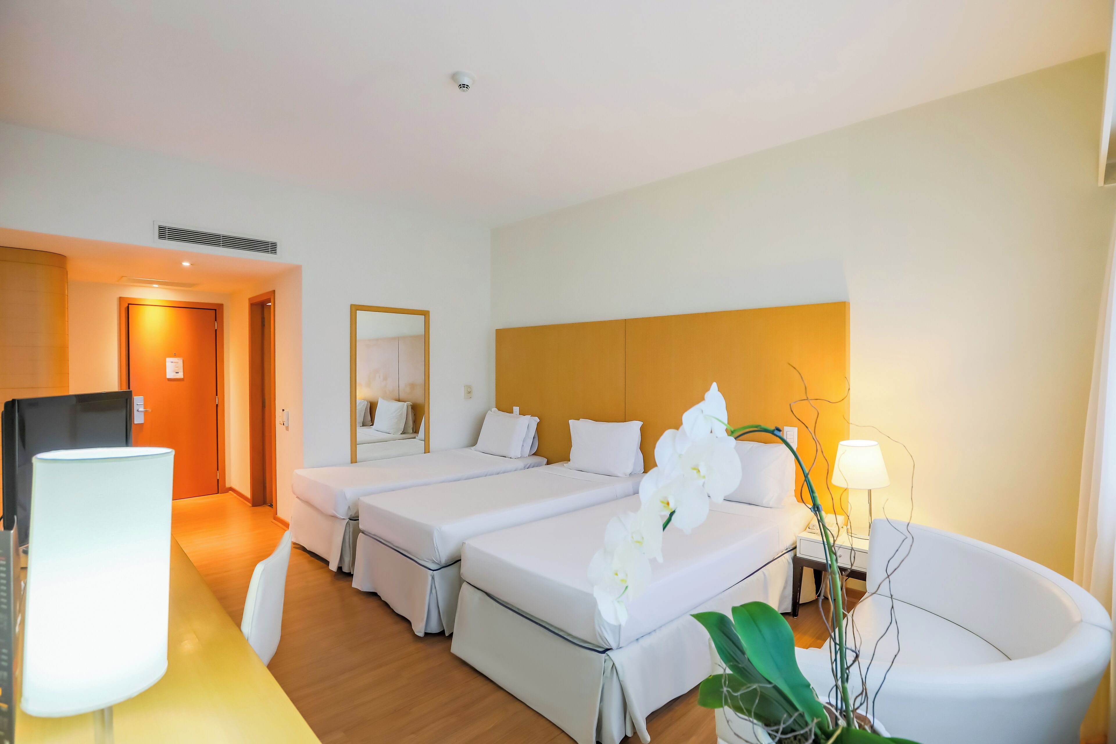 A hotel room with two single beds, a large mirror, a desk with a lamp, a white bathtub, and a potted orchid.