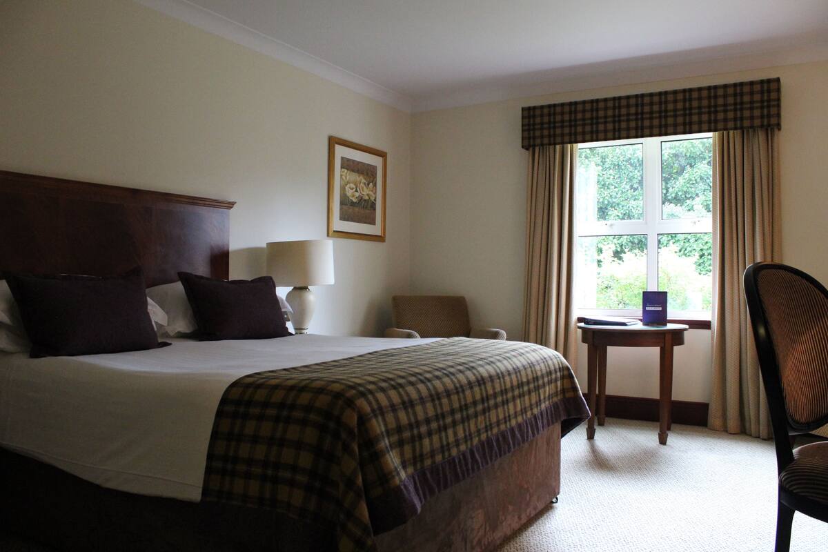 A hotel room with a large bed, a bedside table with a lamp, a chair, and a window with curtains.
