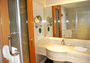 Hair dryer, bathrobes, slippers, towels