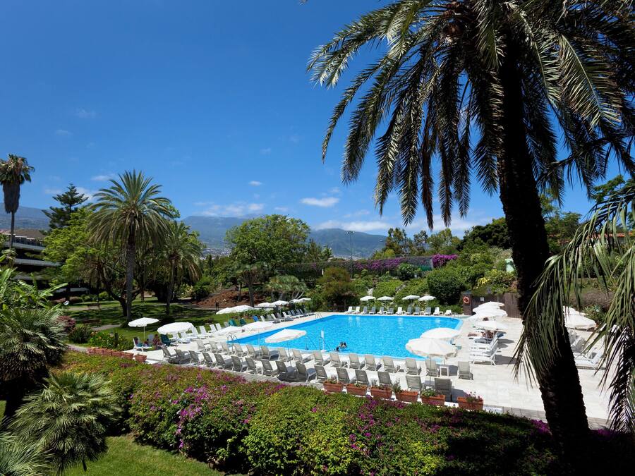 Outdoor pool, pool umbrellas, sun loungers