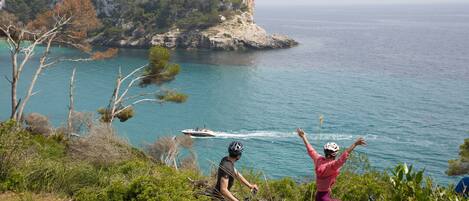 A coastal landscape with rocky cliffs, a body of water, and a person on a bicycle.