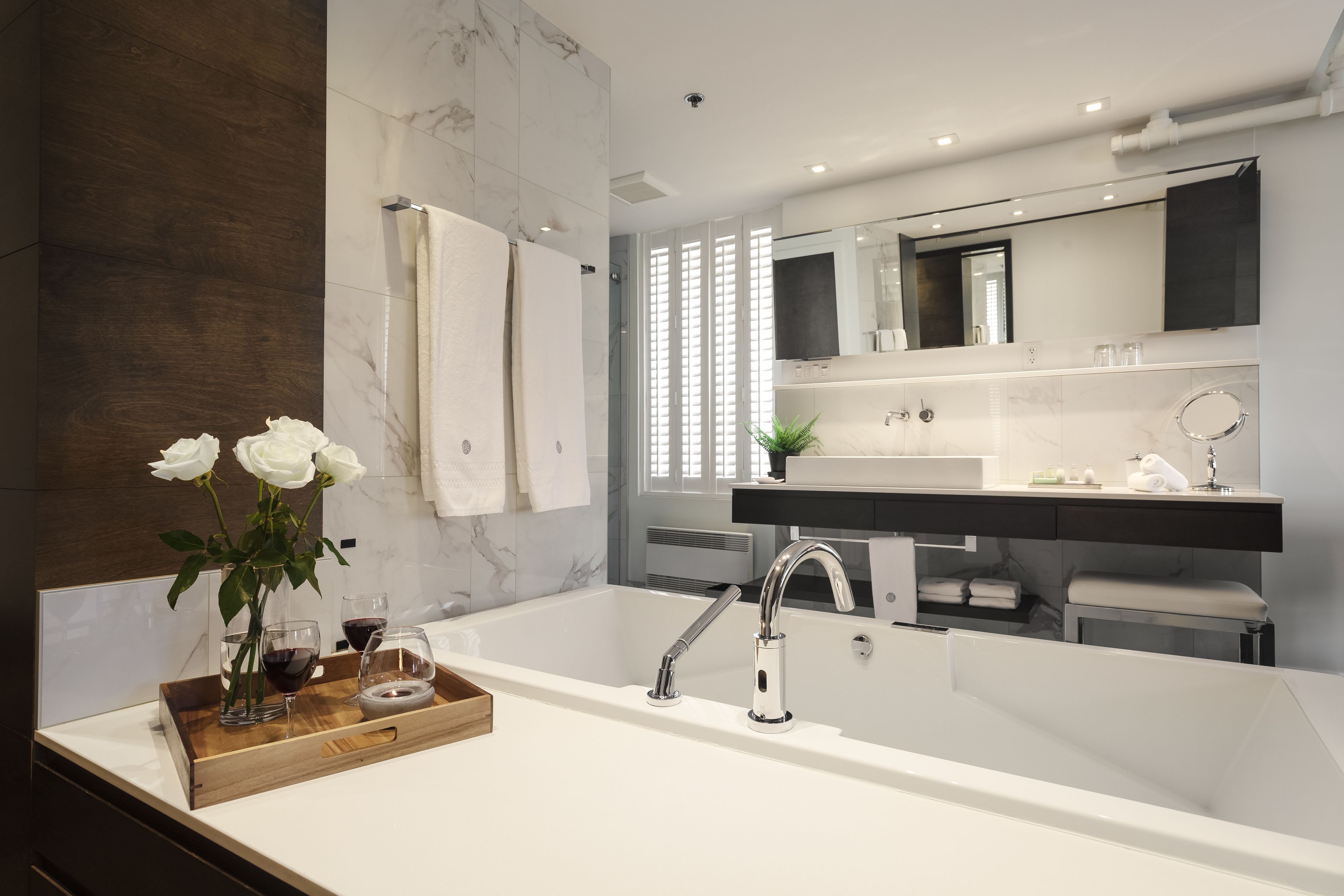 king suite with open bathroom | bathroom | free toiletries, hair dryer, bathrobes, towels