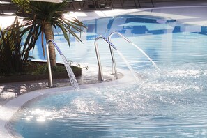 En swimmingpool med palmetræ og metalstiger.