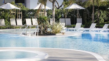 Indoor pool, outdoor pool, open 8:00 AM to 7:00 PM, pool umbrellas