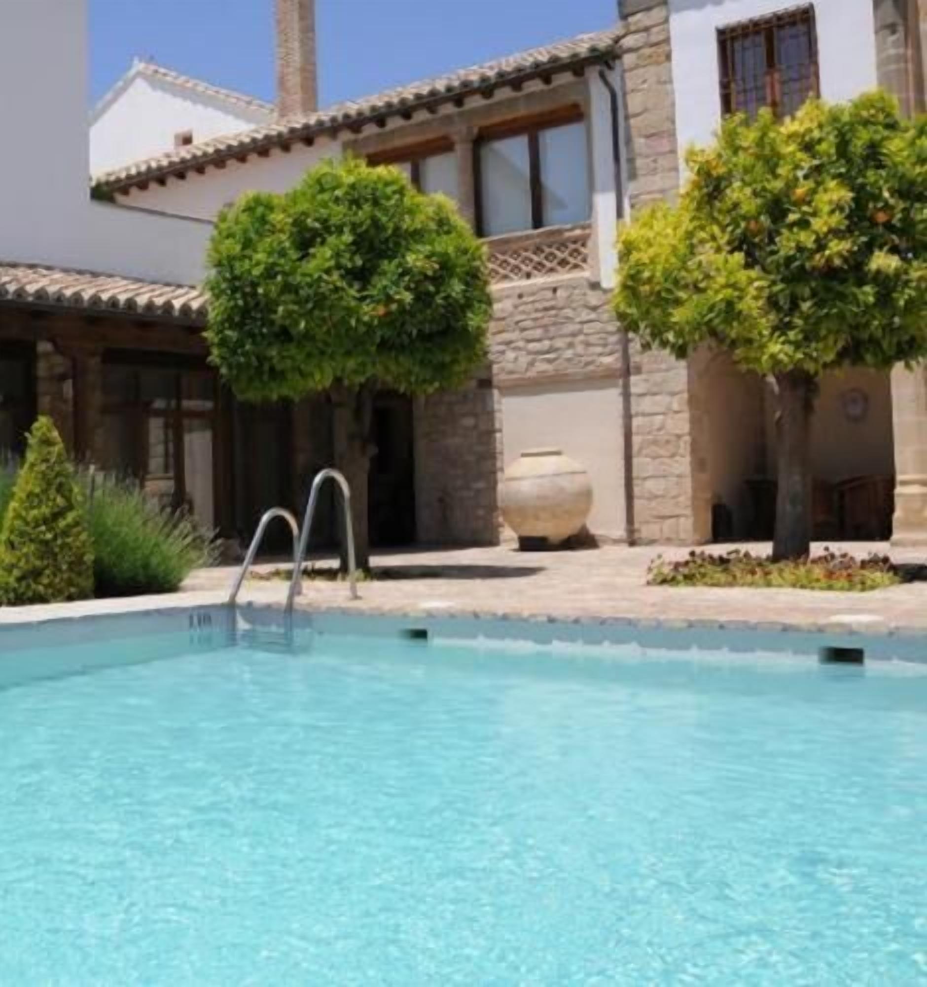 A swimming pool with a metal ladder, surrounded by stone walls and greenery.