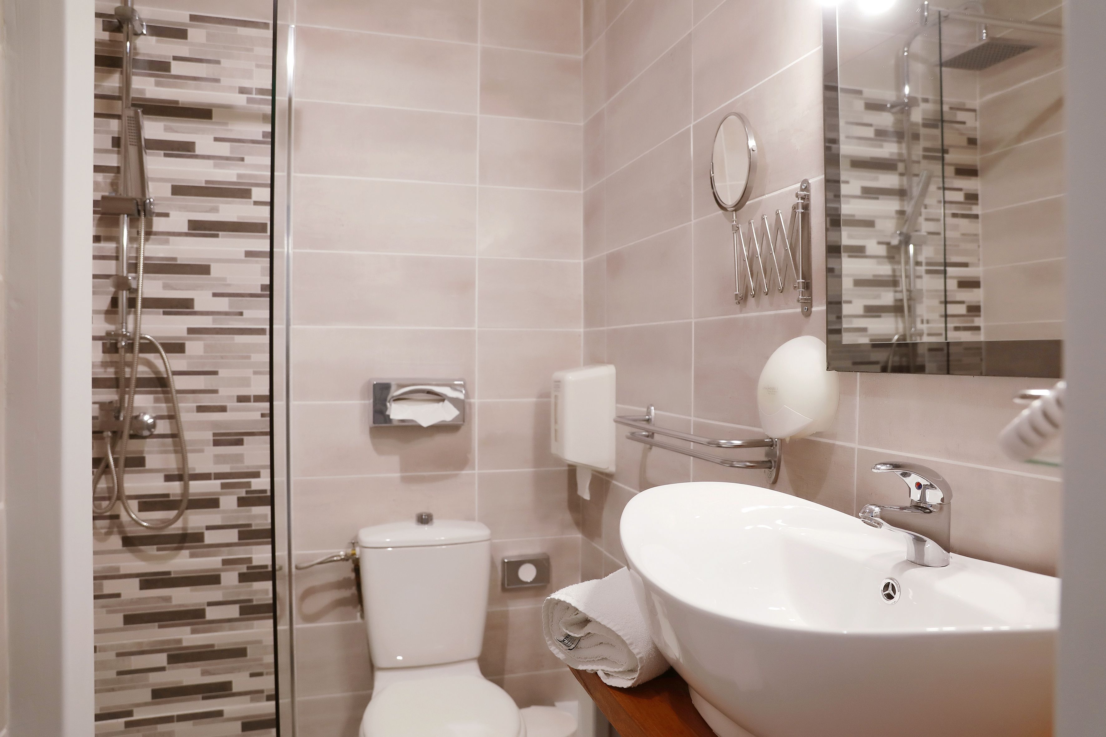 superior double room, terrace | bathroom | hair dryer, towels