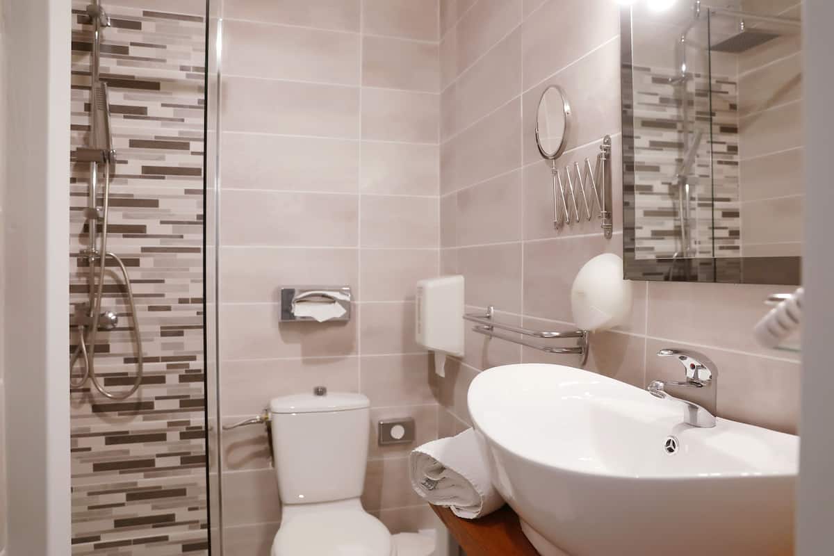 superior double room, terrace | bathroom | hair dryer, towels
