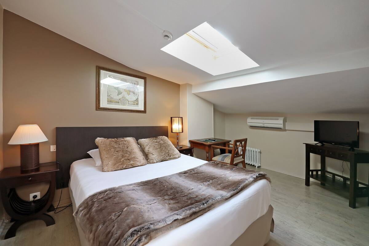 A hotel room with a bed, a desk, a chair, a TV, and a skylight.