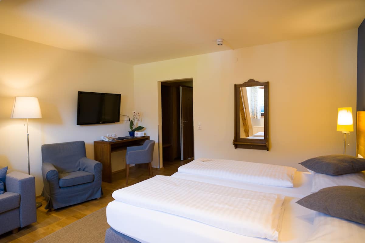 A hotel room with a bed, a desk, a chair, a TV, and a mirror.