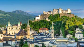 A historic town with a prominent castle on a hill, surrounded by lush greenery and traditional buildings.