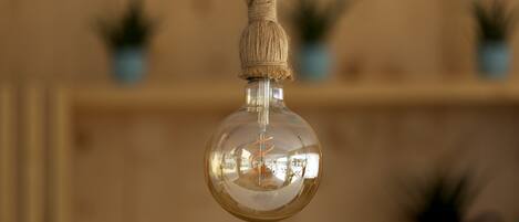 A spherical glass object with a twisted rope hanging from it, set against a blurred background with small potted plants.