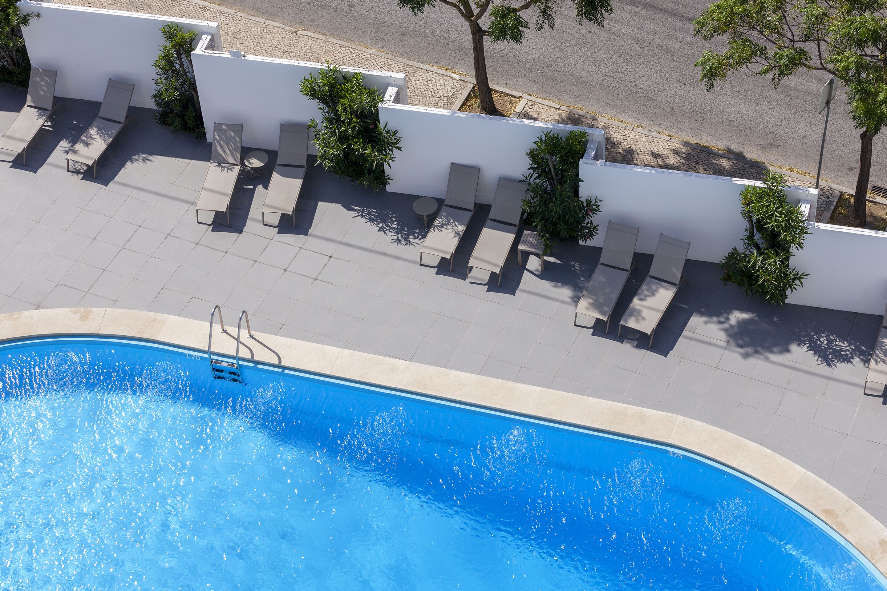 A swimming pool with a sunbathing area, a tiled deck, and a white wall with plants.