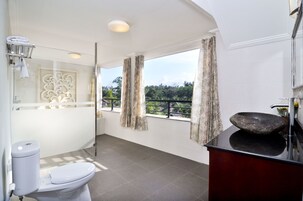 Un baño con inodoro, lavamanos de piedra, espejo y ventana con cortinas.