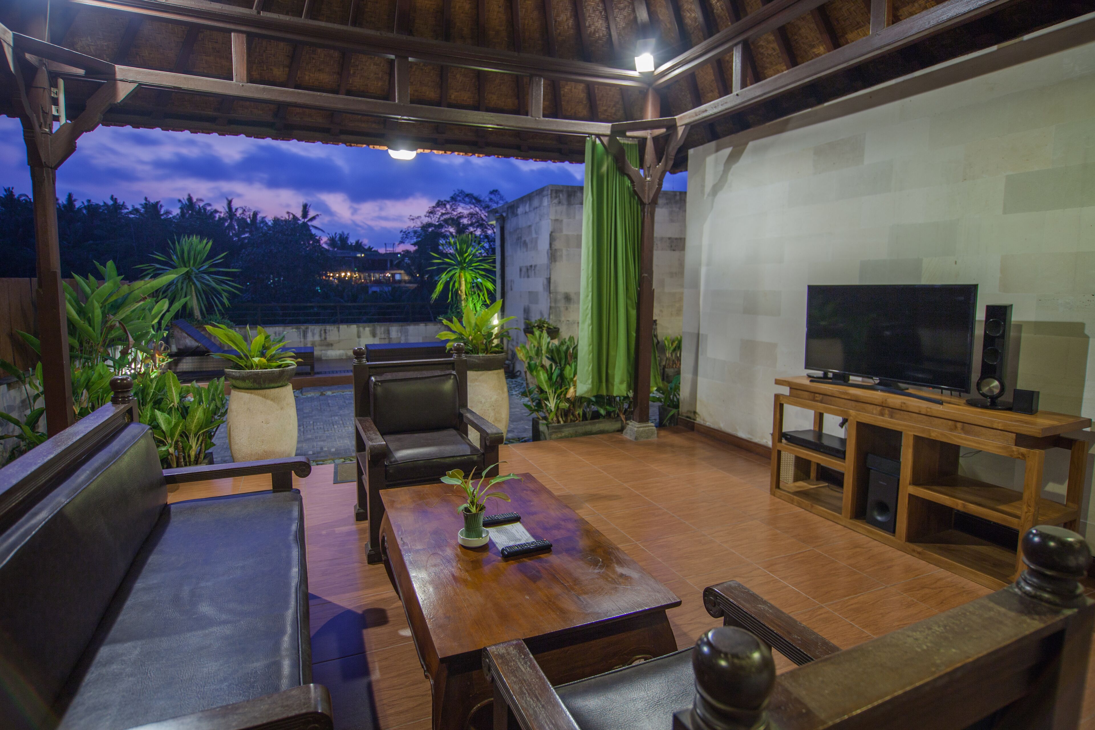 An outdoor seating area with a wooden table, chairs, a TV, and potted plants.