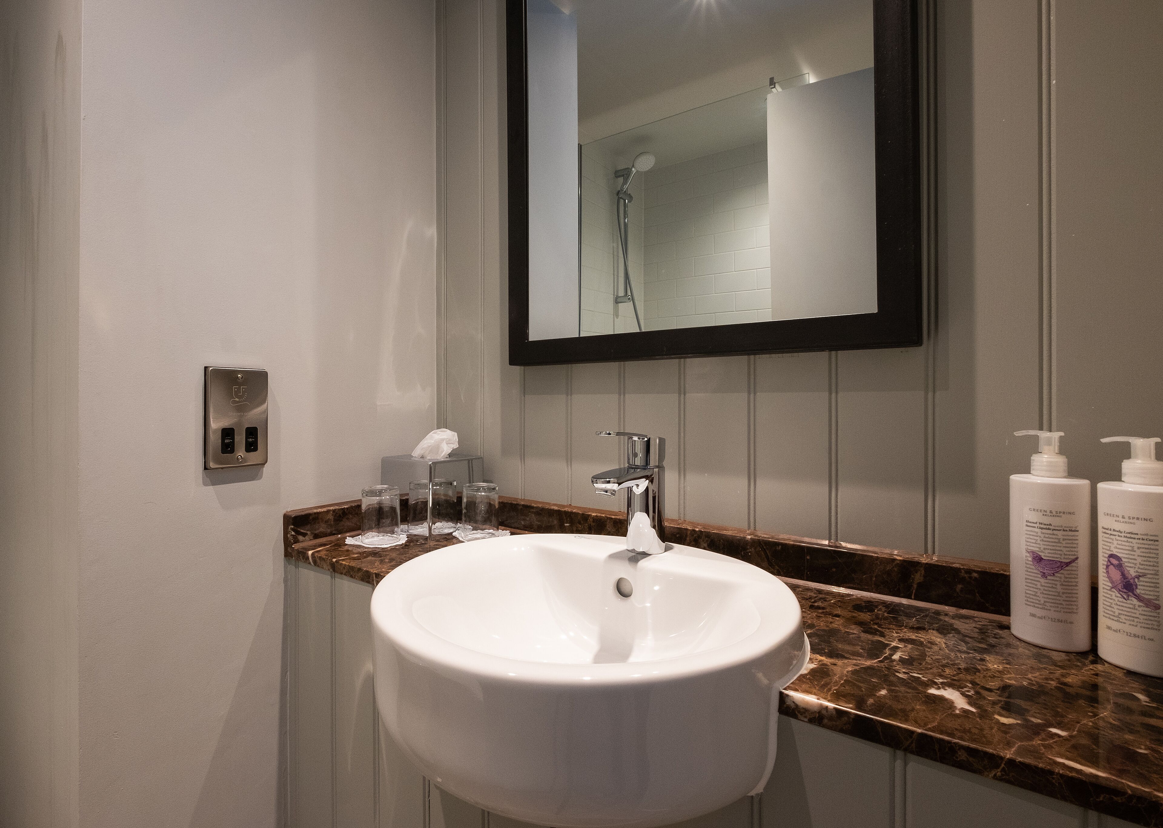 free toiletries, hair dryer, towels, toilet paper