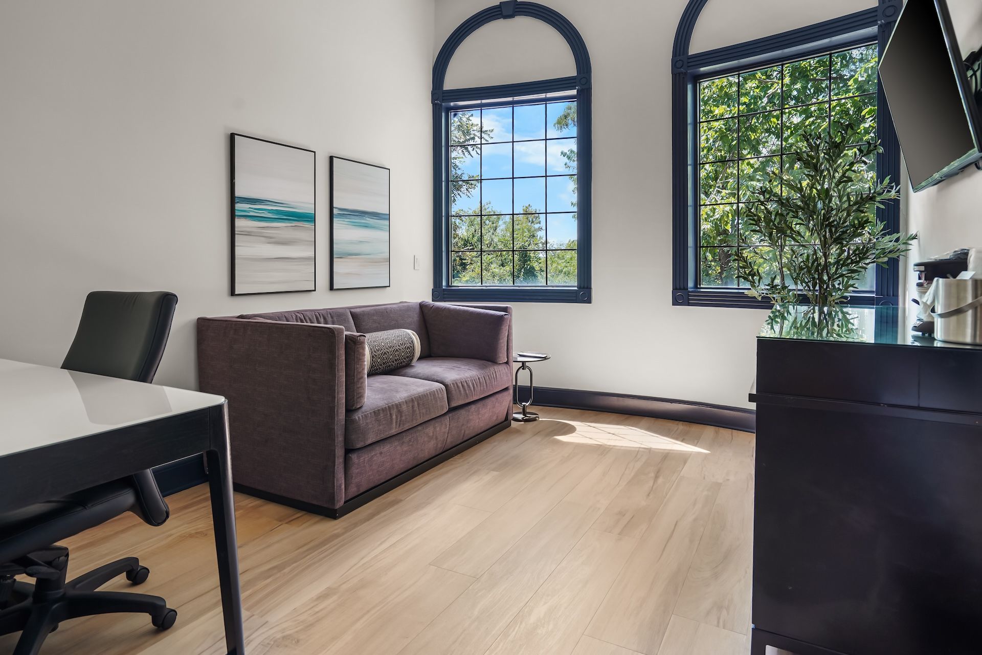 A modern office space with a sofa, a desk, and two windows with views of greenery.