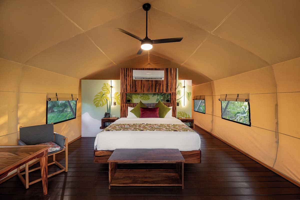 A spacious room with a large bed, wooden furniture, and a ceiling fan.