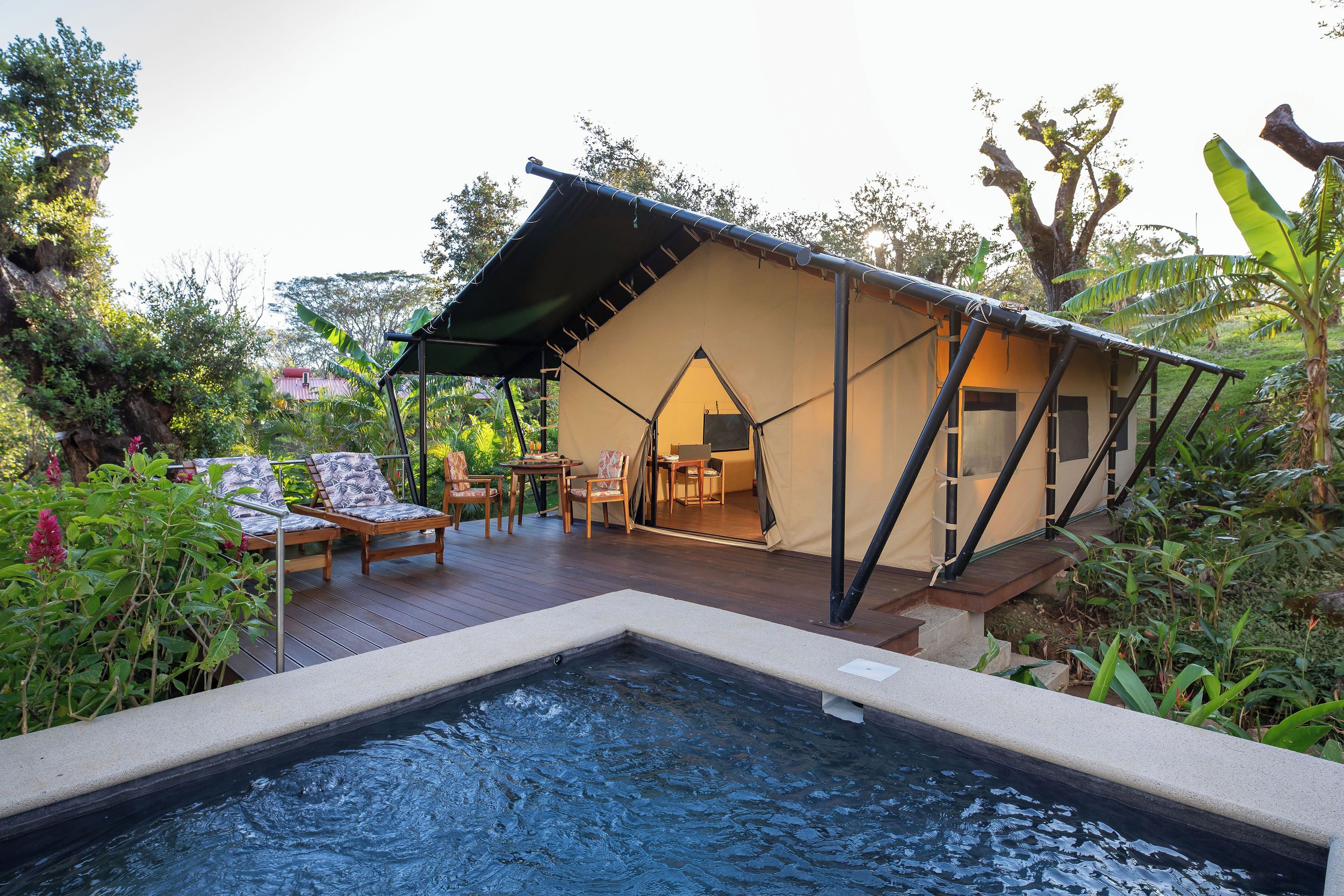 A tented accommodation with a pool, surrounded by lush vegetation.