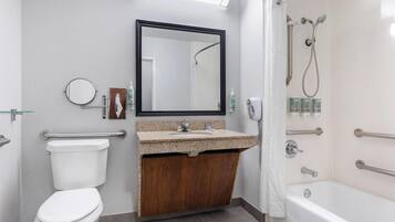 A modern bathroom with a toilet, sink, mirror, shower, and grab bars.